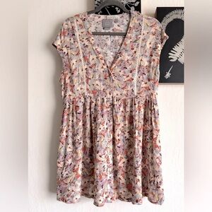 Anthropologie Floral Cream Pink Blue Cap-Sleeve Babydoll Dress